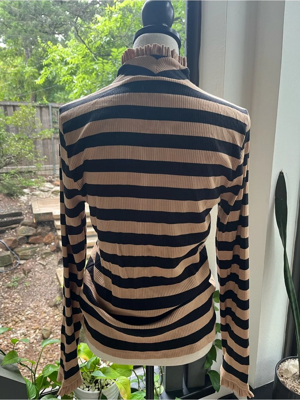 J. Crew Black & Tan Striped Ruffle Mock Neck Long-Sleeve Top